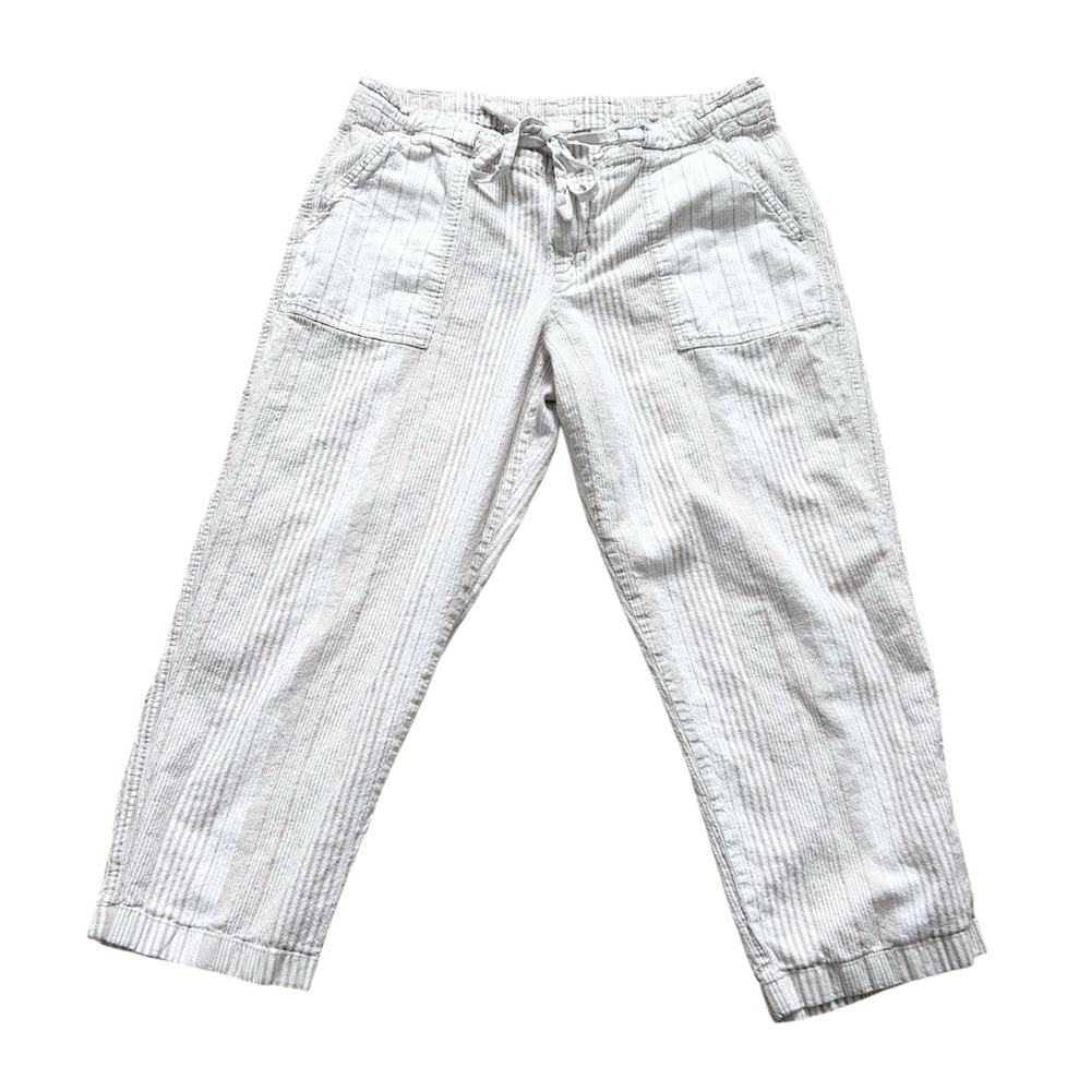 GAP Beige Striped Cotton & Linen Cropped Pants Drawstring/ Zipper & Clasp Large